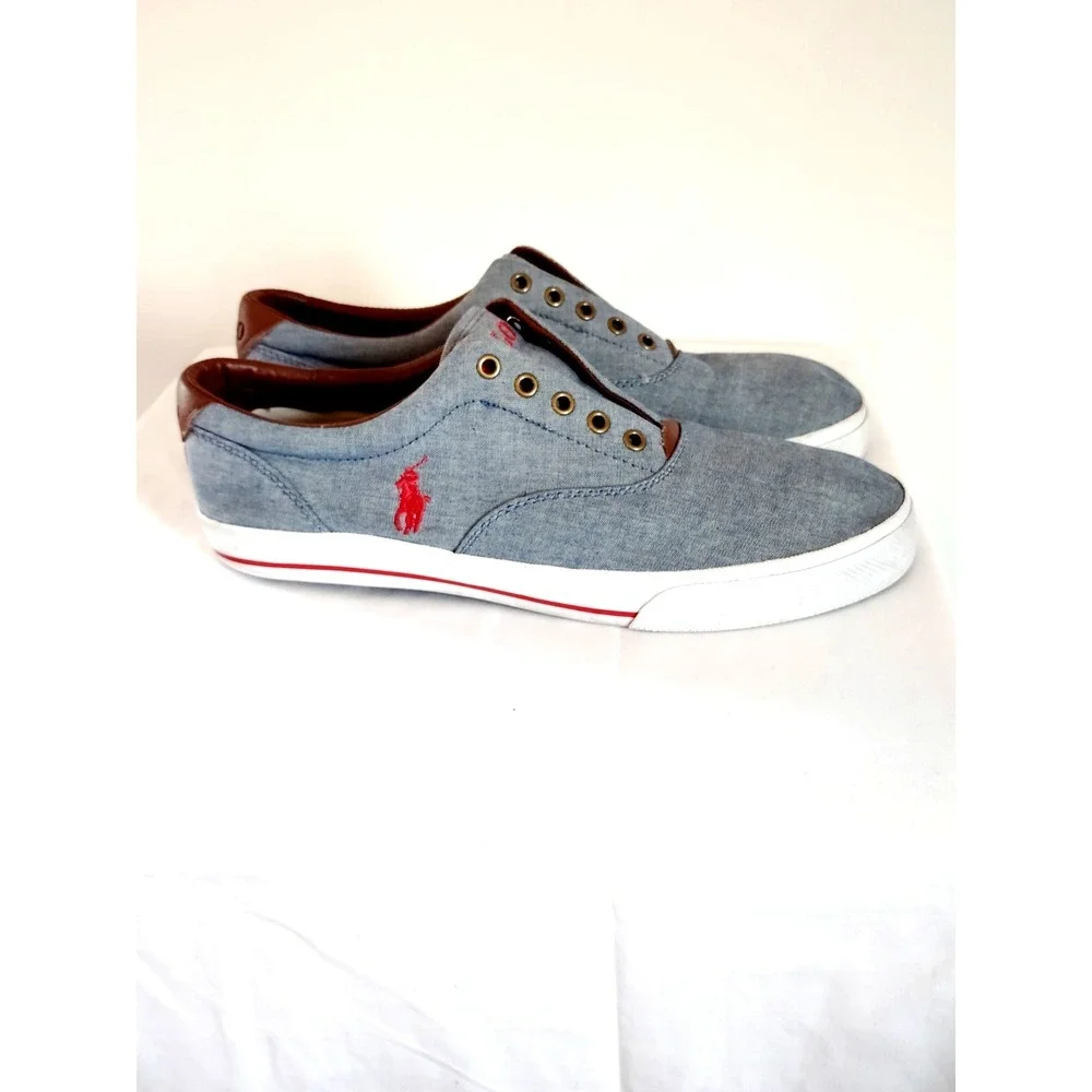 Polo Ralph Lauren Men 13D Vito Sneakers Blue Chambray Red Pony Shoes Resort Wear